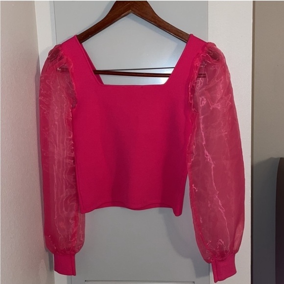 NWT HOUSE OF HARLOW 1960 Women’s Size XS Pink Crop Top Puffy Chiffon Sleeve - Picture 2 of 7